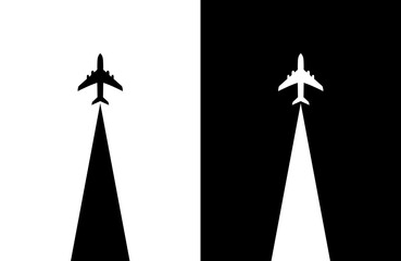 Two contrasting black and white airplane silhouettes ascending, representing air travel.