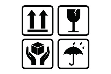 Set of 4 packaging symbols. Fragile, Handle with Care, Keep Dry, This Way Up icons. Shipping and cargo warning labels for goods. Vector illustration on white background.
