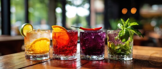 The vibrant assortment of refreshing cocktails on a wooden table.