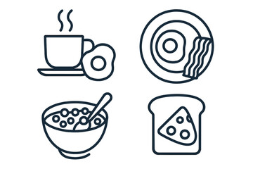 Breakfast food line icon set. Morning meal vector collection with coffee, egg, bacon, cereal, and toast. Simple outline graphic elements for cafe menu or web design.