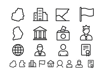 Country and government line icon set. Vector outline symbols for nation, politics, and geography. Includes flag, map, border, president, monarchy, and democracy icons.