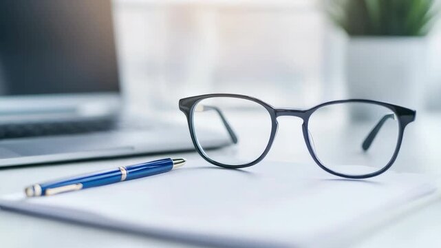 Clear eyeglasses and blue pen on white paper desk with blurred background