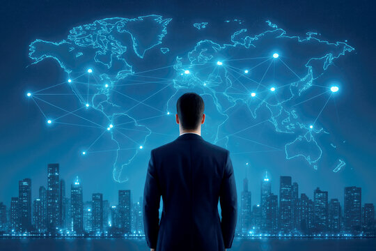 Man in suit observing global network connections over city skyline back world map