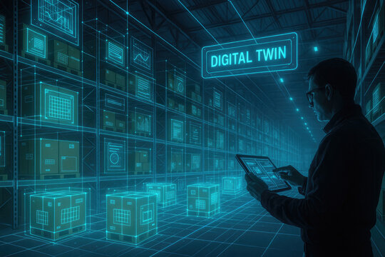 Man interacting with digital warehouse data tablet digital twin