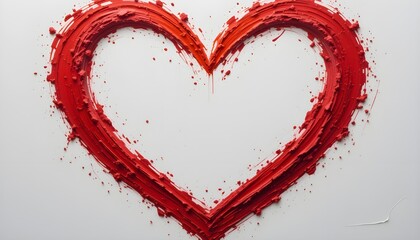 A red heart shape made with thick paint strokes on a white background with paint splatters around it