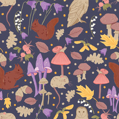 Whimsical Forest Seamless Vector Pattern with Mushrooms, Leaves and Woodland Animals