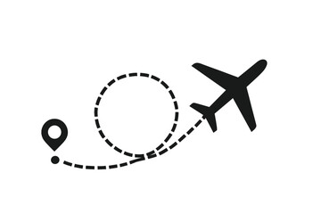 Airplane flight path with a start destination point and loop. Plane silhouette on a dashed line route. Concept for travel, tourism, journey, and aviation. Vector icon illustration.