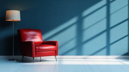 Red leather armchair in a teal room with sunlight