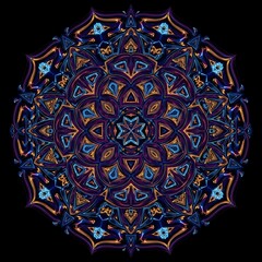 Intricate, symmetrical mandala design in vibrant colors.