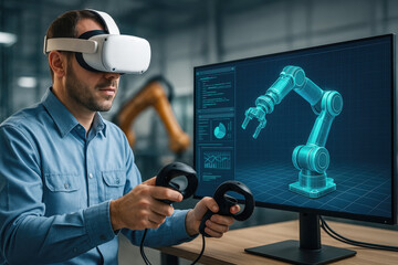 Man wearing virtual reality headset controlling robotic arm on screen controllers