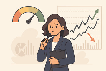 Pensive businesswoman analyzes the fear and greed index on a stock market chart. Concept for investment strategy, financial risk, market sentiment, and economic analysis.