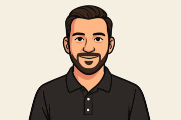 Smiling bearded man avatar portrait, front view in black polo shirt, flat cartoon vector illustration of male face and upper body isolated on light background for profile icon