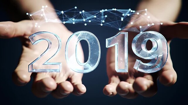 Hands Presenting Digital 2019 with Geometric Network on Dark Blue Background Represents Technological Progress and Future Innovation