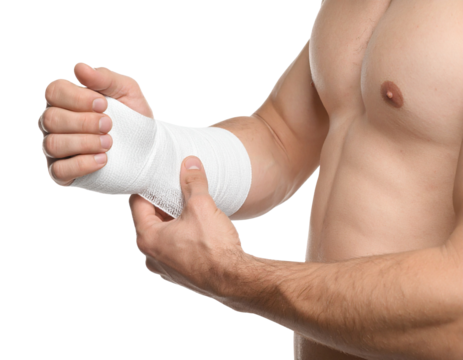 Hands finishing a bandage wrap around an elbow joint