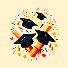 Vector art of a graduation celebration with caps diplomas confetti and stars