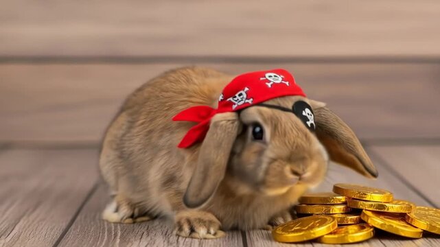 Adorable Bunny Pirate with Gold Coins - A fluffy brown rabbit wearing a pirate bandana and eye patch sits on a wooden surface next to a pile of shiny gold chocolate coins.