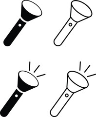 Hand torch flashlight set, black vector collection of electric lantern group in flat and line style, portable light, battery lamp, emergency beam outline, glowing tool icon bundle