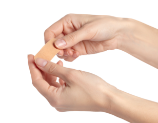 Hands starting to wrap a finger with a thin adhesive bandage strip,