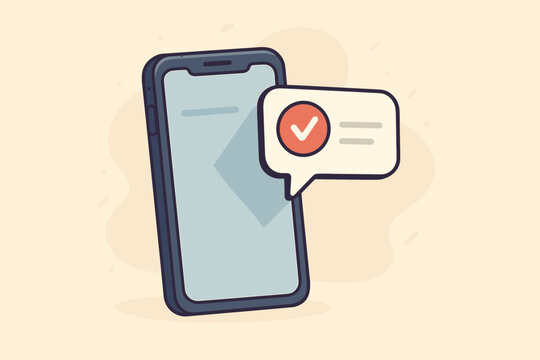 Smartphone push notification pop-up vector illustration. Phone screen with check mark alert, cartoon flat style, app approval concept, chat bubble on pastel background.