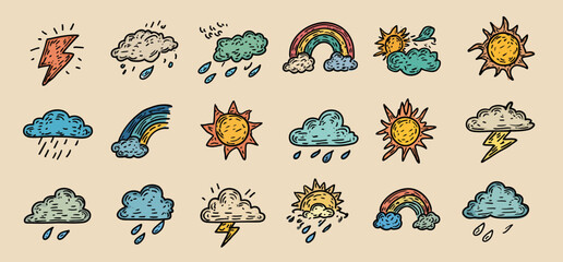 Obraz premium A set of hand-drawn weather icons featuring rain, thunder, suns, and clouds in blue outlines on a beige background. A rainbow is also present among the other elements.