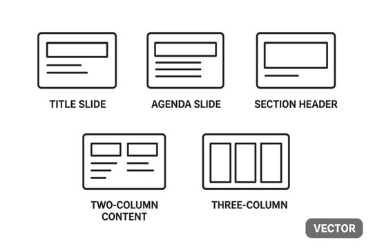 Set of presentation slide layout line icons. Vector templates for business pitch deck design. Includes title, agenda, section header, two and three column content.