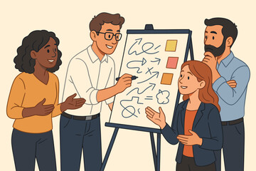 Business team brainstorming on flip chart. Creative group in workshop works on project strategy. People solving problems together. Teamwork, collaboration concept vector.