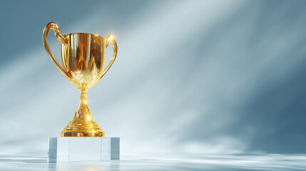 Trophy gleams on a pedestal, symbolizes success. Use for marketing, awards, and motivational content. Minimalist, bright background.