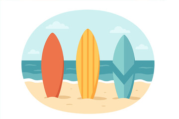 Three colorful surfboards on a tropical sandy beach. Summer vacation background with ocean waves. Vector illustration for surf school, travel poster or water sports concept.