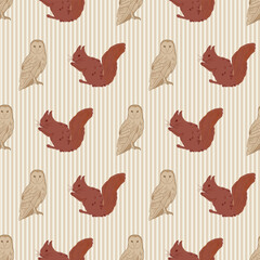 Whimsical Forest Seamless Vector Pattern with Mushrooms, Leaves and Woodland Animals