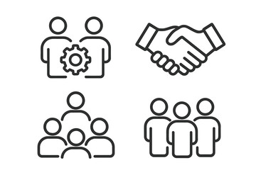 Collaborative Partnership & Teamwork Line Icon Set: Business Solution, Meeting, Agreement, Handshake, Community, People Group, Corporate Success Outline Icons