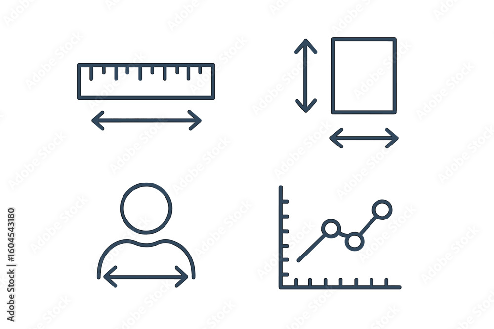 Poster measurement line icon set for analytics and data. size, dimension, and parameter vector icons. ruler