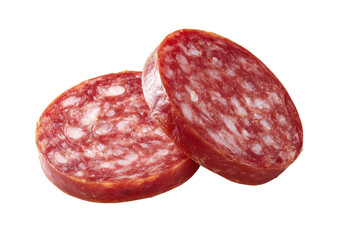 Close-up of two slices of cured salami