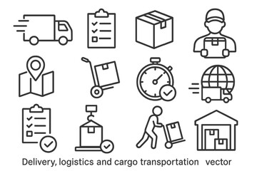 Delivery service line icon set. Logistics and cargo transportation vector pack. Fast shipping, freight forward, package tracking, courier, warehouse, and global delivery.