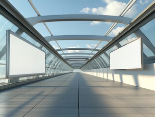 Modern pedestrian bridge walkway with blank advertising billboards.