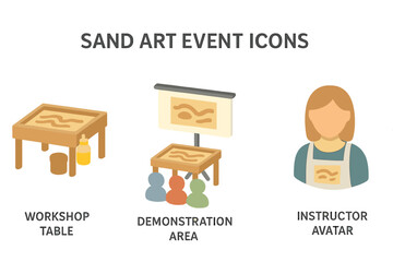 Isometric Sand Art Event Icons Collection Featuring Workshop Table, Demonstration Area Setup, Sand Art Instructor Avatar, Creative Festival Equipment, Vector Illustration