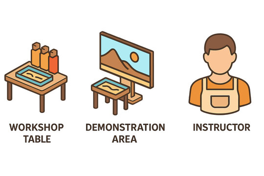 Sand art event icon set. Isometric flat vector illustration of creative workshop elements. Includes instructor, demonstration area, and table with supplies for art class.