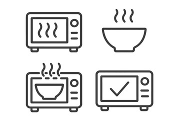 Microwave oven flat linear icons set. Symbol for the safety of using cookware. Heating food in kitchen appliance. Hot meal preparation vector illustration collection.