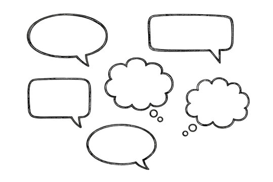 Hand drawn speech bubbles sketch vector set. Comic book dialog clouds. Doodle chat message icons. Empty talk balloon and thought bubble illustration on transparent background.