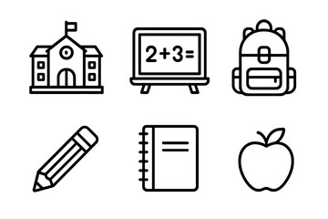 Back to School line icon set. Education and learning concept symbols. School building, chalkboard, backpack, pencil, notebook, and apple vector outline illustration.
