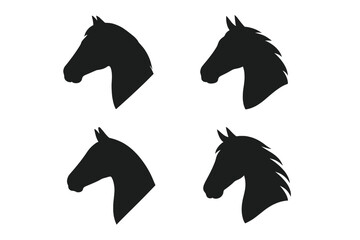 Set of horse head silhouettes. Equine profile vector collection. Black stallion or mare icon for logo design. Equestrian sport, farm or ranch symbol. Isolated graphic element.