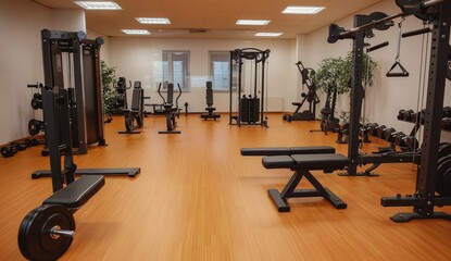 Obraz premium Modern exercise room with various fitness equipment.