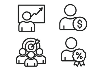 Sales team icons set. Outline icon collection of business concepts like target achievement, sales growth graph, dollar sign, team goal chart, and commission percentage badge.