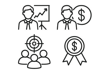 Sales team icon set. Business success outline icons. Vector collection of sales manager with growth chart, team target, financial achievement, and commission award badge.