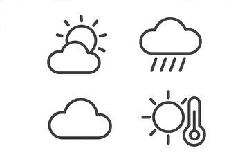 Weather forecast icon set. Vector line art symbols for web and mobile apps. Sun, cloud, rain, and temperature icons. Editable outline pictogram collection for meteorology.