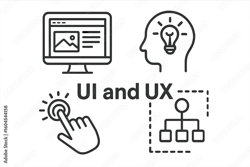 Fototapete UI UX design icon set. User interface and experience concept. Web design, usability, information architecture, user flow, creative idea, and interaction vector pictogram.