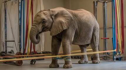 Fototapeta premium Young elephant engaging in playful exercise with colorful bands in a well-lit training facility