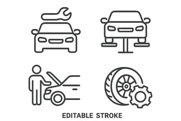 Car service and auto repair line icon set. Automobile maintenance, garage workshop, and tire fitting outline icons. Vehicle inspection pictogram and infographic elements.