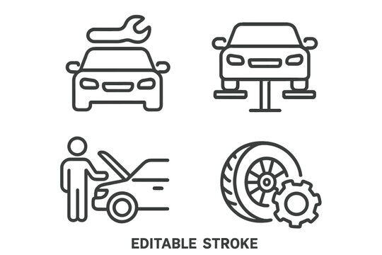 Car service and auto repair line icon set. Automobile maintenance, garage workshop, and tire fitting outline icons. Vehicle inspection pictogram and infographic elements. - Powered by Adobe