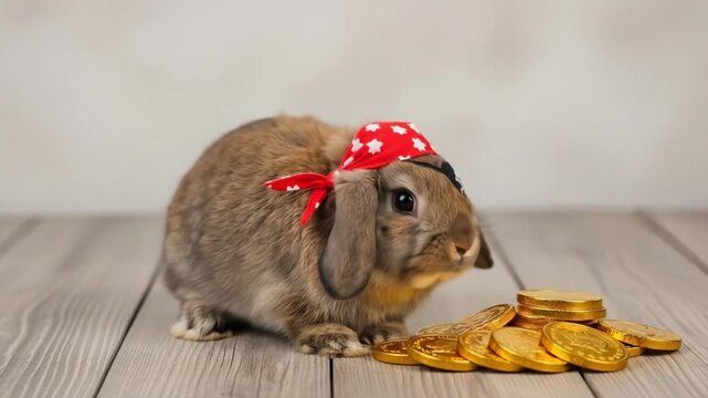Adorable Bunny Pirate with Gold Coins - A cute brown lop-eared rabbit wearing a red pirate bandana and eye patch sits beside a pile of shiny gold chocolate coins on a rustic gray wooden surface.
