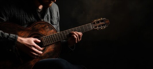 Obraz premium The artist passionately playing an acoustic guitar in soft, dramatic light.